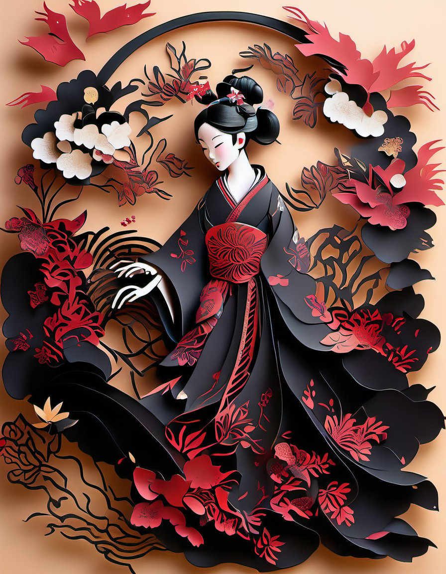 hair ornament, makeup, kirigami, black hair, japanese clothes, fine art parody, standing, sash, lipstick, closed eyes, flower, papercut, 1girl, cloud, black kimono, eyeshadow, floral print, hair stick, obi, pale skin, spider lily, updo, full pretty, colorful,kirigami