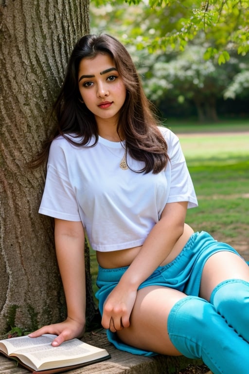 (masterpiece, Best Quality, photorealistic, ultra-detailed, finely detail, high resolution, 8K wallpaper),beautiful indian women with white skin,divya bharti,reading book under the tree, siiting, long blonde hair, 2 ponytails, dark make up, blue eyes,attractive,lighted, illuminated aura ,inst4 style,aesthetic portrait,good makeup