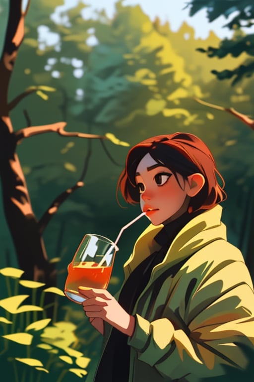 portrait of a young woman, 8k, drinking tea in the forest,SAM YANG