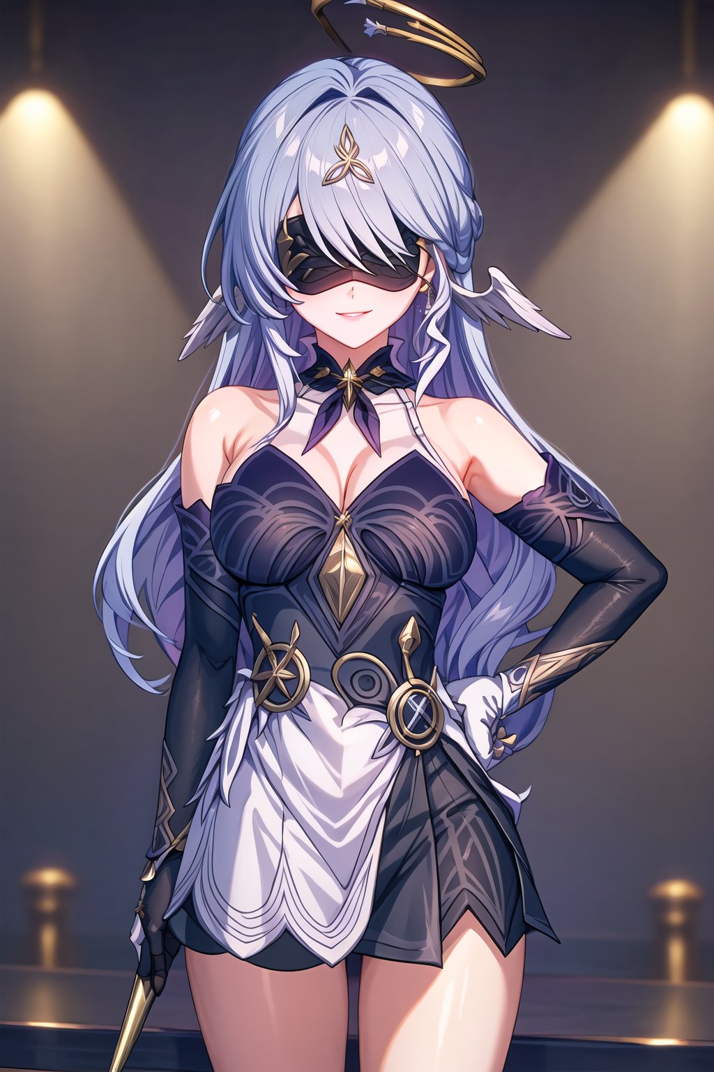 (best quality), (highly detailed), masterpiece, (official art),
1girl, solo, blindfold, ((best quality)), ((highly detailed)), dutch angle, masterpiece, 1girl, evil smile:1.2, smug, seductive smile, solo, standing, blindfold, mask, eye mask, dress, cleavage, black gloves, gloves, elbow gloves, hair ornament, triquetra symbol , ((posing)), outdoors, hand on hip, cowboy shot, looking at viewer, indoors, blurry background,depth of field, best quality, masterpiece, intricate details, tonemapping, sharp focus, hyper detailed, trending on Artstation,black lips, robin, head wings, halo