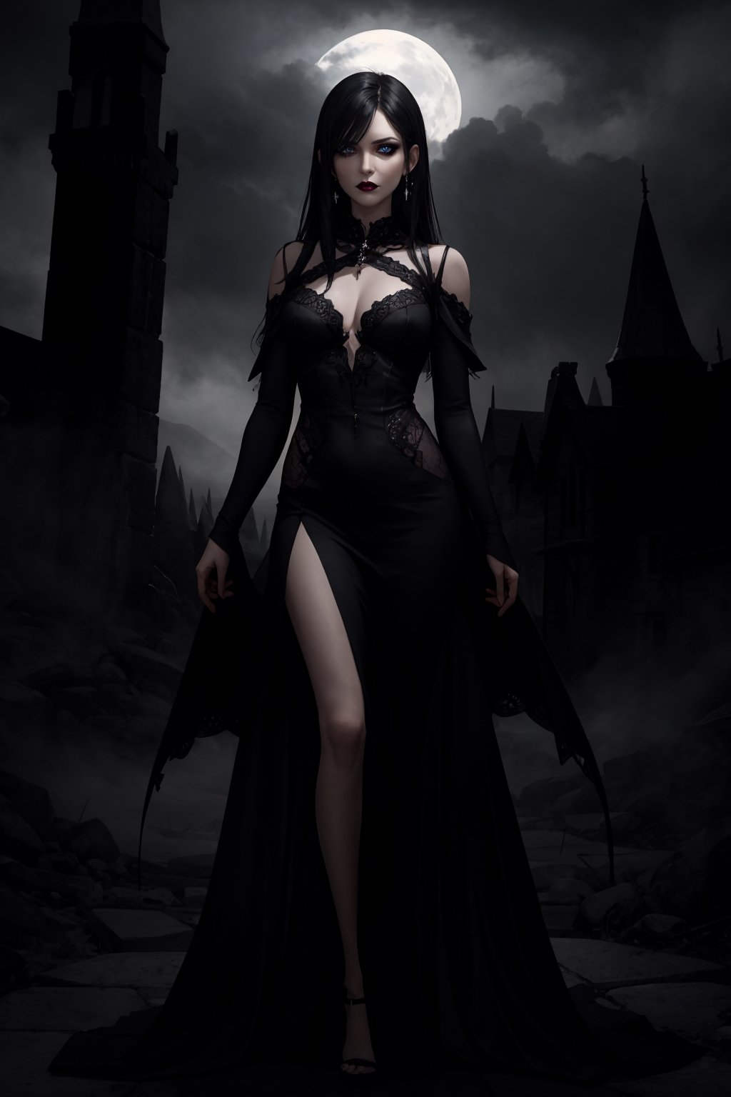 [(dark and alluring, fantasy artwork:1.3) ::0.25], (masterwork:1.30), (seductive and powerful character:1.20), [flowing black hair: silver strands: 0.60], piercing gaze, [vampiric elegance: demonic charm: 0.75], [elegant gown: revealing armor: 0.70], standing in mist, [moonlit castle: haunted forest: 0.90], (mysterious atmosphere:1.20)
