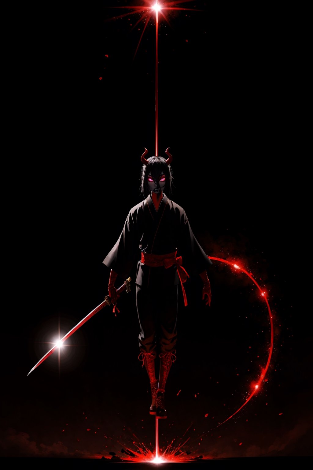 a demonic evil katana, floating in air, red glint, terrific, red glint, red glow, scary, dark gloomy background,