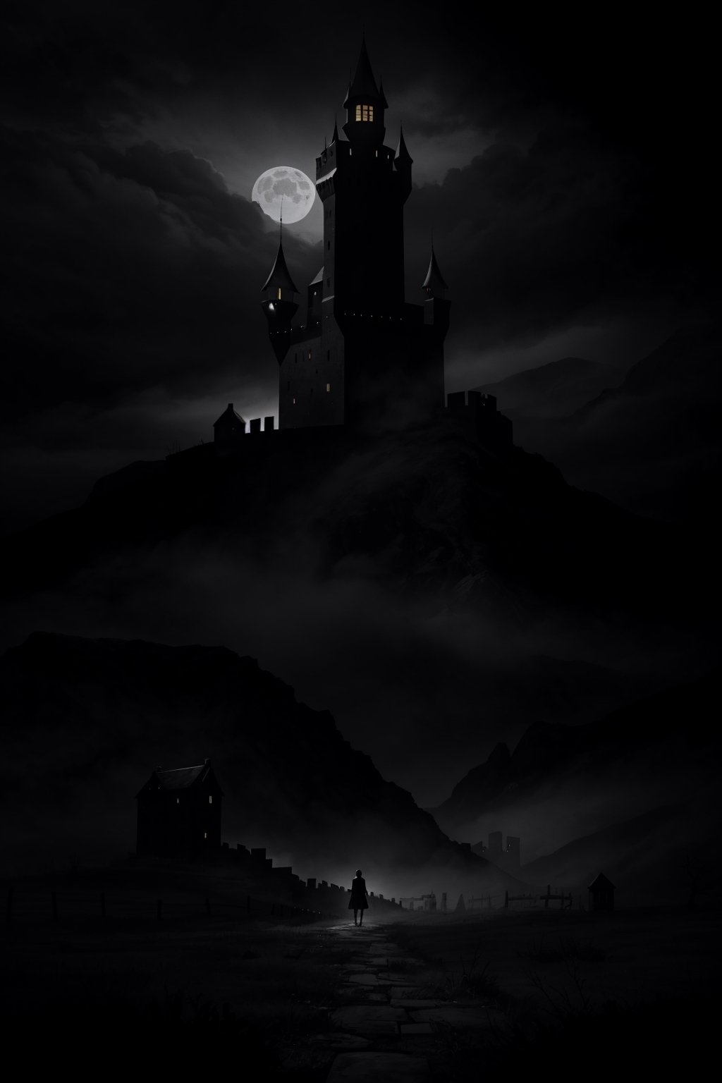 [(dark and vibrant atmosphere:1.5) ::0.25], (masterpiece:1.4), (foreboding castle:1.3), [skeletal remains: bones: 0.60], desolate landscape, [spooky fog: moonlit night: 0.75], broken windows, (sinister aura:1.2)
