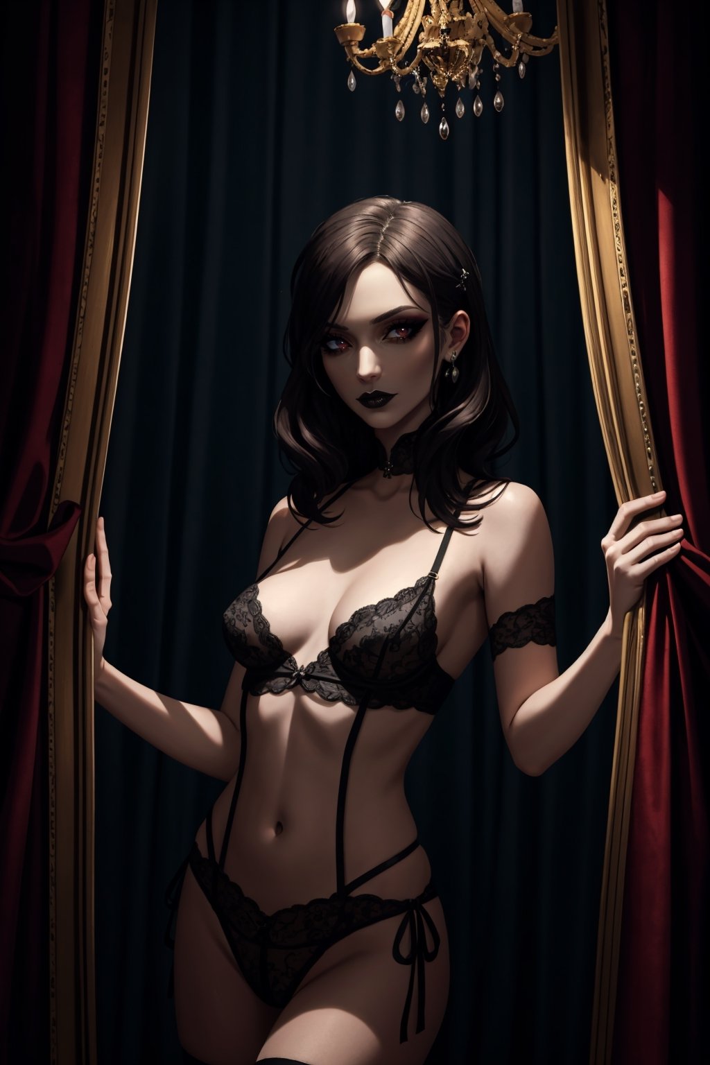 [(dark and alluring, profesional photo:1.35) ::0.40], (masterpiece:1.40),  (1female, seductive allure, small breasts), [black lace lingerie: provocative attire: 0.50], (intense gaze:1.25), (black lipstick:1.20), tousled hair, (smoky room:1.10), (dim lighting:1.15), (ornate mirror:0.80), (candlelight:0.90), (velvet curtains:1.30), (rich texture:1.20)
