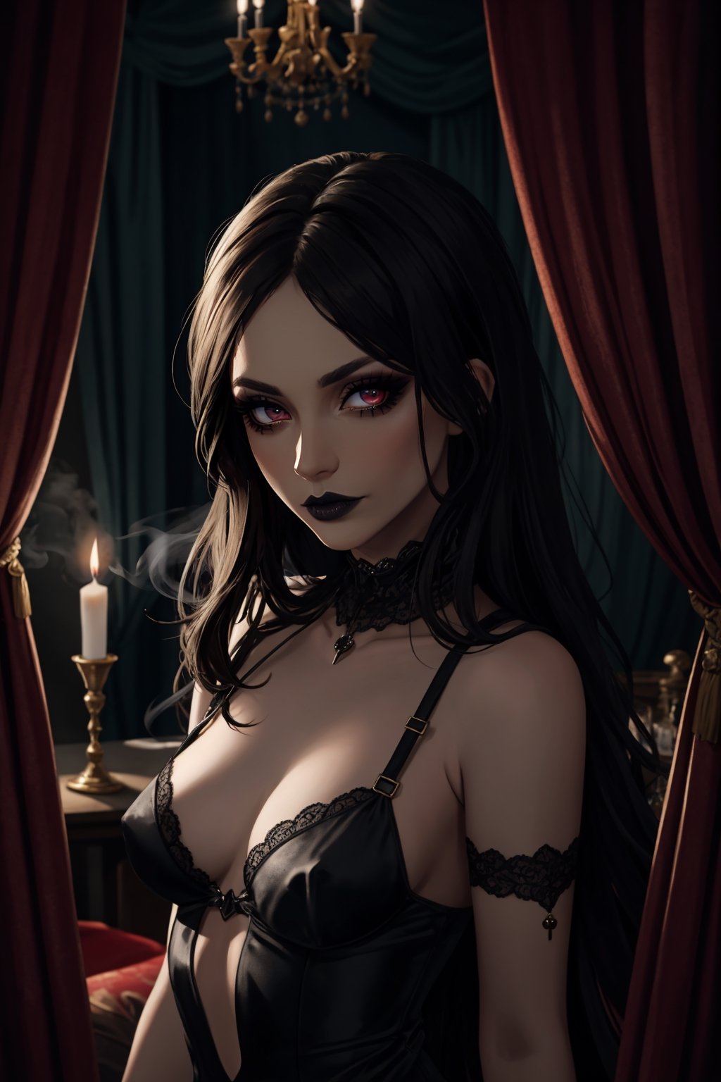 [(dark and alluring, gothic artwork:1.35) ::0.40], (masterpiece:1.40),  (1female, seductive allure, small breasts), [black lace lingerie: provocative attire: 0.50], (intense gaze:1.25), (black lipstick:1.20), tousled hair, (smoky room:1.10), (dim lighting:1.15), (ornate mirror:0.80), (candlelight:0.90), (velvet curtains:1.30), (rich texture:1.20)
