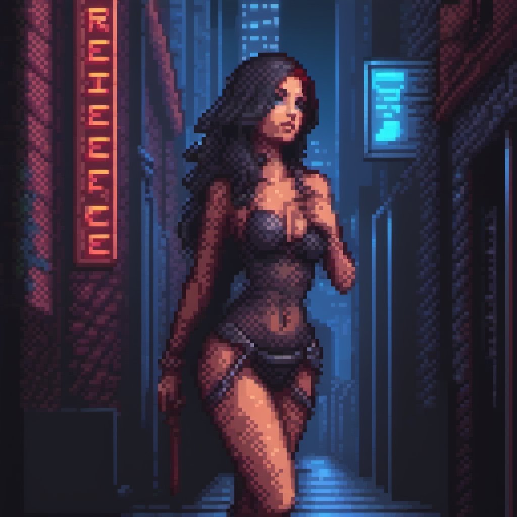 pixel art, [(sultry and rebellious, provocative artwork:1.3) ::0.30], (masterpiece:1.40), (seductive and alluring character:1.20), (1female, provocative pose, revealing attire), [raven-black hair: fiery red hair: 0.60], long hair, [piercing blue eyes: smoky gray eyes: 0.50], [lush lips: alluring smirk: 0.70] BREAK (modern cityscape:0.80), neon lights, urban setting, (dark alley:1.20), (smoky atmosphere:1.20)