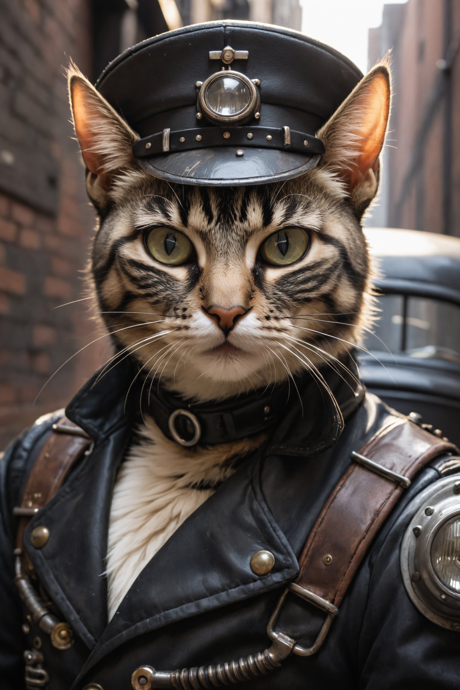 photo, closeup,  cat male , dieselpunk outfit, dark alley , near a dieselpunk car, natural light