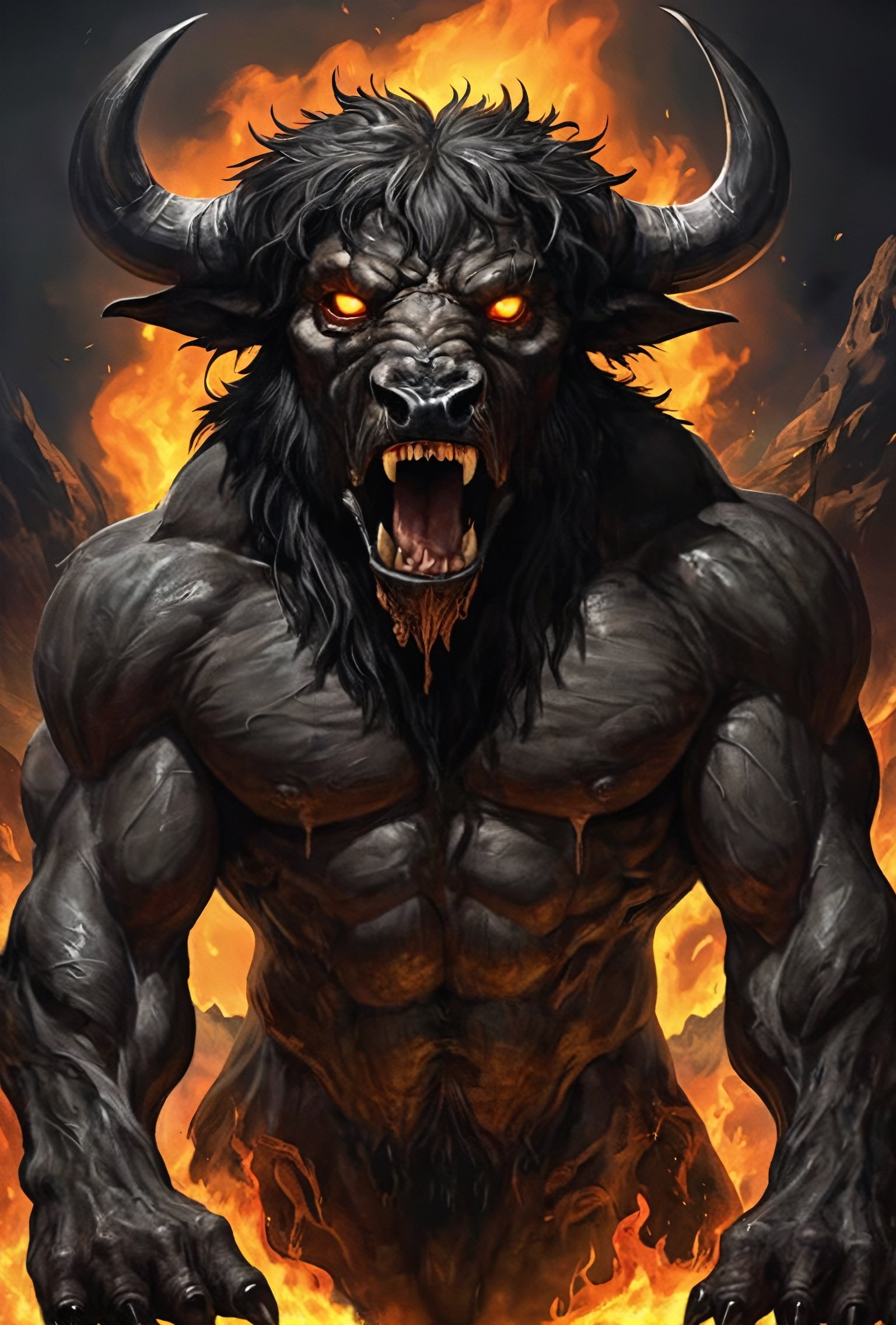  Shadow was in a dark place, and the thing staring at him wore a buffalo's head, rsnk and furry with huge wet eyes. Its body was a man's body, oiled and slick.((Theriocephaly)), FLAMES IN MOUTH, LIQUID MARBLE EYES,  ,darkart