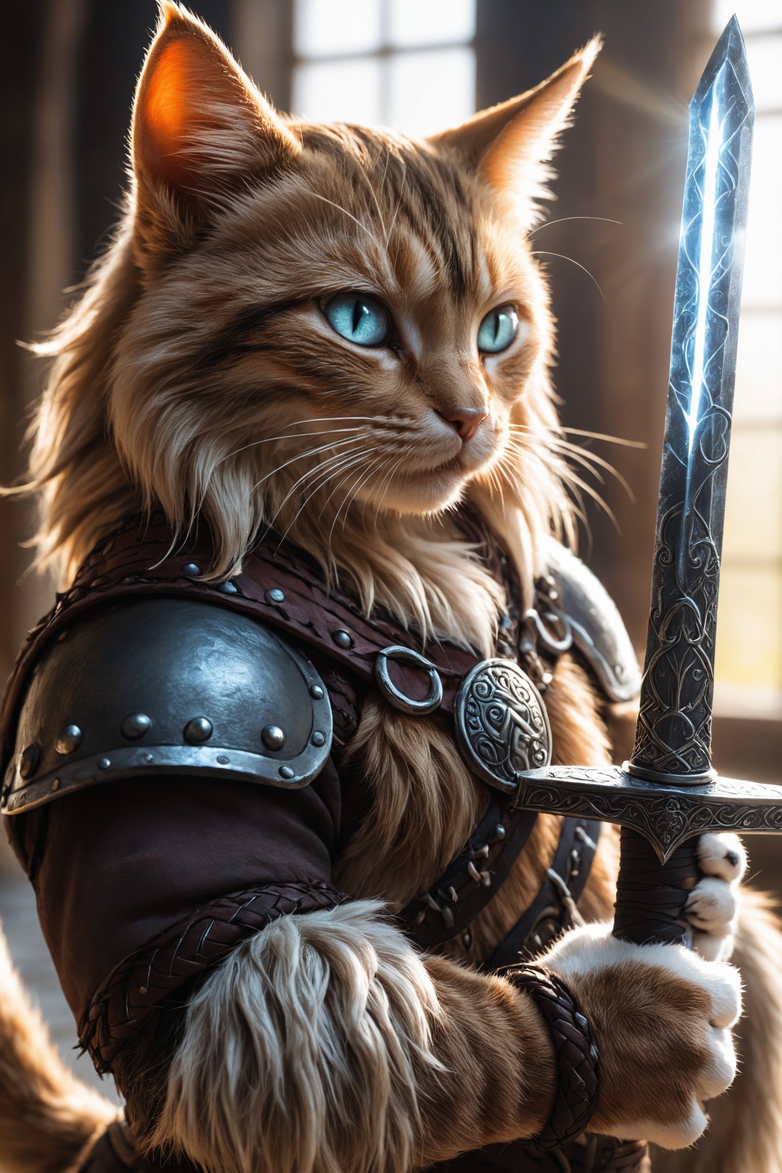 closeup photo,  viking cat holding a glowing viking sword, natural light