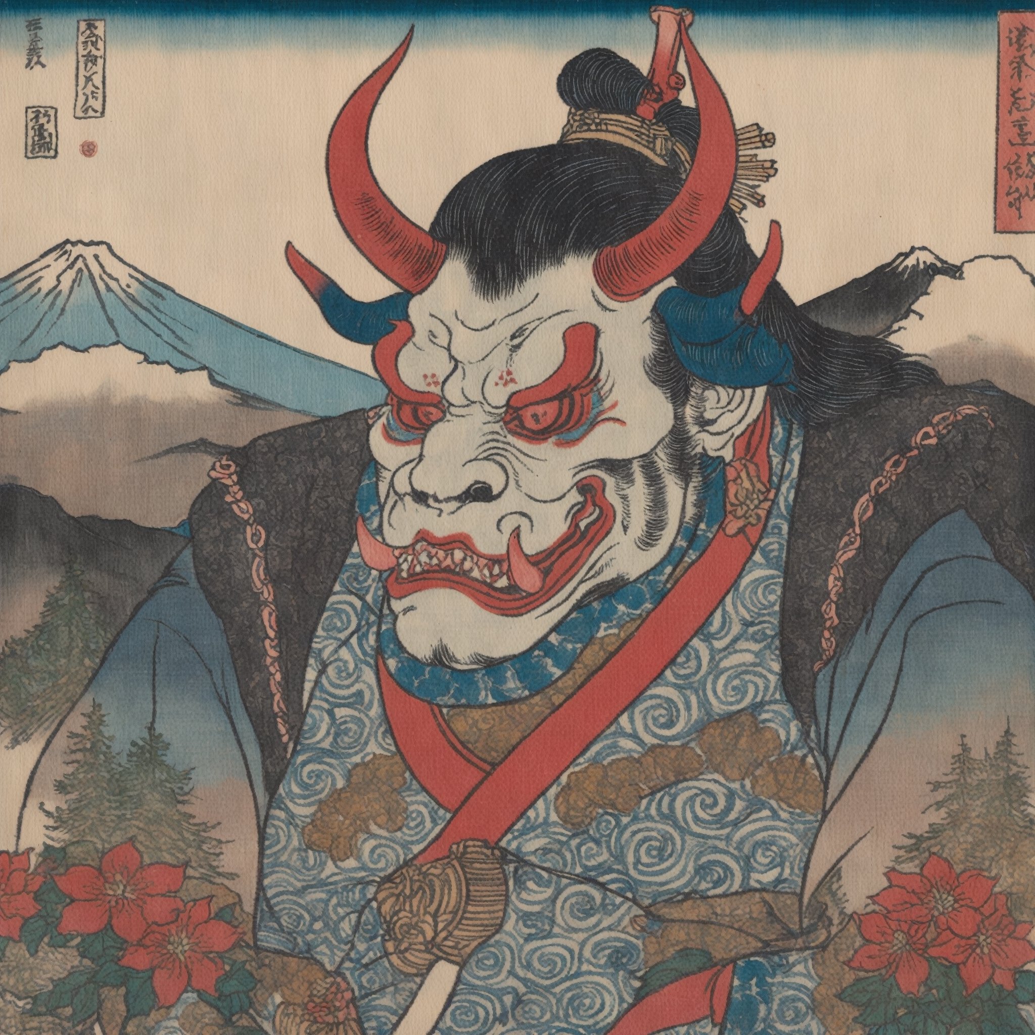 Detailed  closeup colourful ukiyoe of a oni, mount Fuji background ,Ukiyo-e