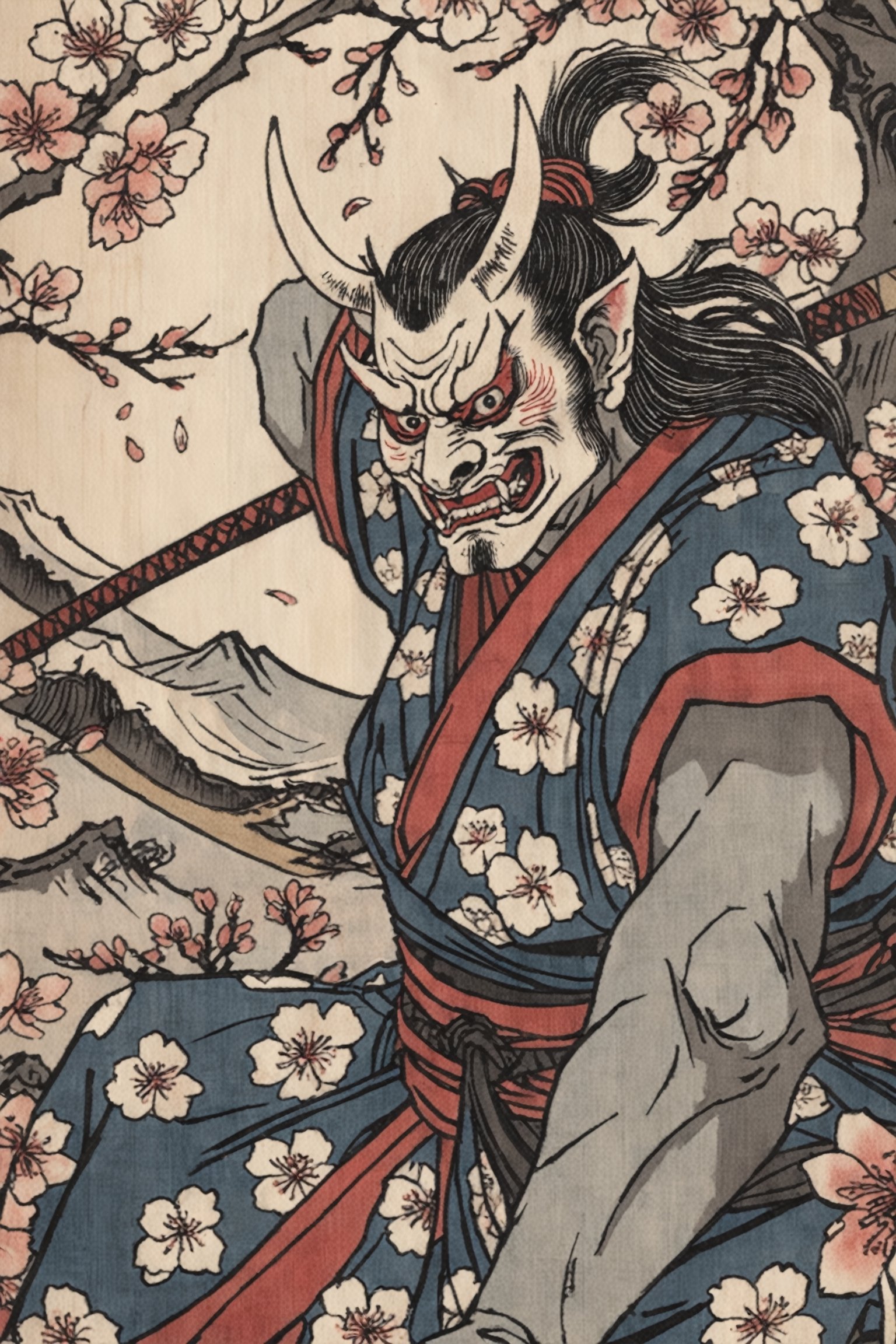 Detailed closeup ukiyo-e artwork ,  of an oni yokai samurai,  Cherry Blossoms by Freek22 on Tensor.Art