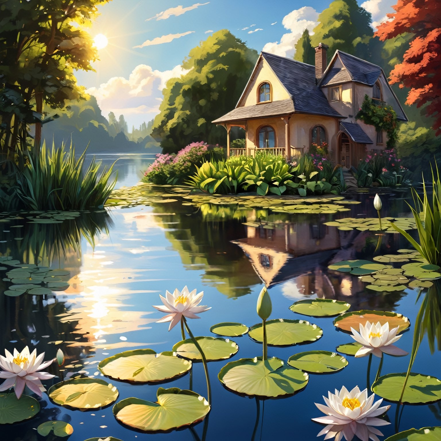 (extremely detailed CG unity 8k wallpaper),(((masterpiece))), (((best quality))), ((ultra-detailed)), (best illustration),(best shadow), ((an extremely delicate and beautiful)),dynamic angle, close-up of a small house by the lake, beautiful sunny summer day, water lilies in the lake blooming, lush plants, sunlight shining through the white clouds, bold colors, fairy tale, fantasy,wind,classic, (detailed light),feather, nature, (sunlight),beautiful and delicate water,(painting),(sketch),(bloom),(shine), high resolution, high contrast ratio, high detail, high texture, texture surreal high quality figure, ultra high quality, golden ratio