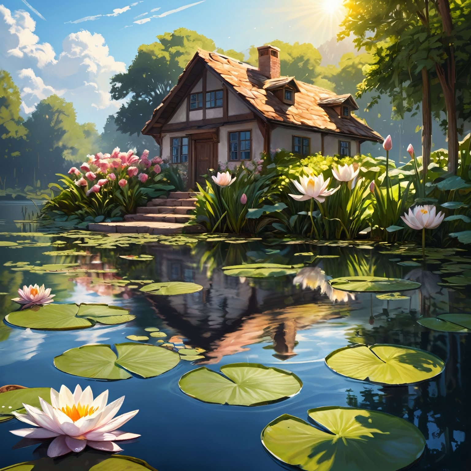 (extremely detailed CG unity 8k wallpaper),(((masterpiece))), (((best quality))), ((ultra-detailed)), (best illustration),(best shadow), ((an extremely delicate and beautiful)),dynamic angle, close-up of a small house by the lake, beautiful sunny summer day, water lilies in the lake blooming, lush plants, sunlight shining through the white clouds, bold colors, fairy tale, fantasy,wind,classic, (detailed light),feather, nature, (sunlight),beautiful and delicate water,(painting),(sketch),(bloom),(shine), high resolution, high contrast ratio, high detail, high texture, texture surreal high quality figure, ultra high quality, golden ratio