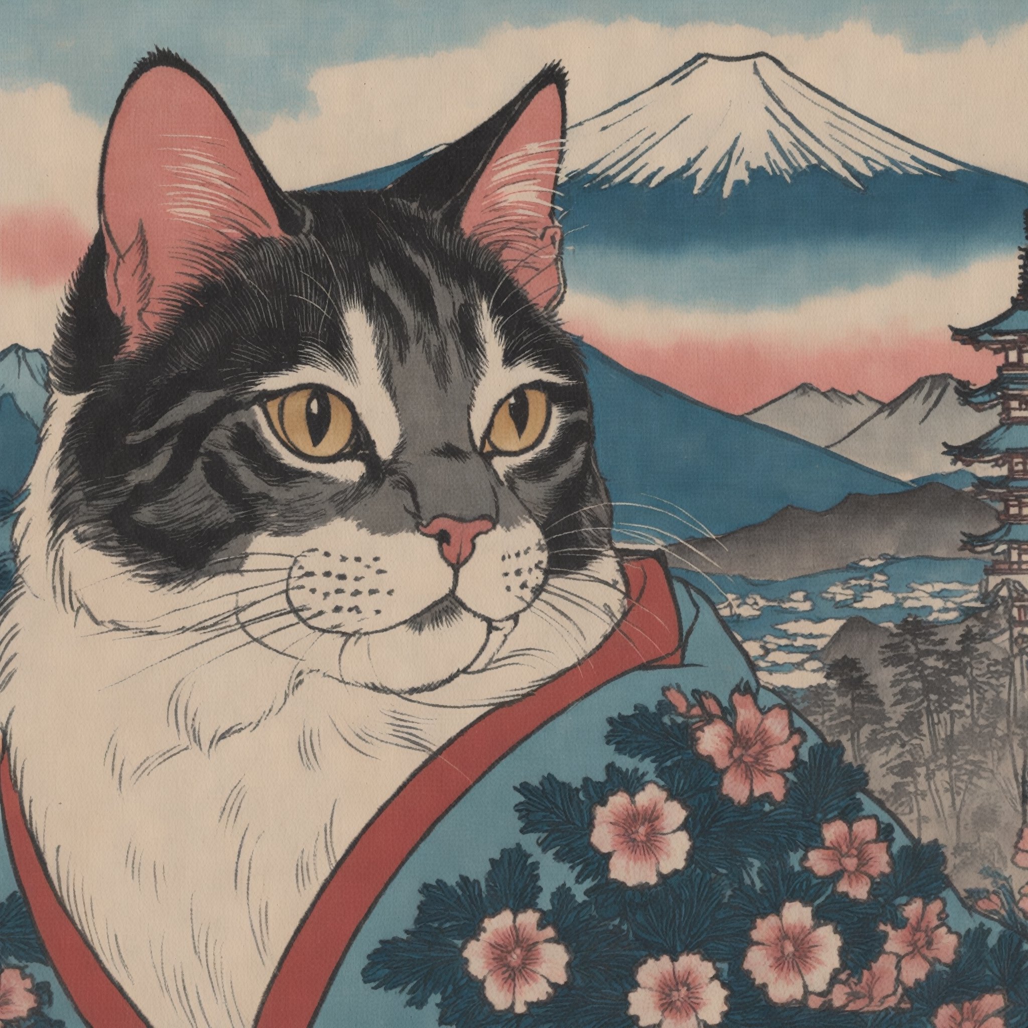 Detailed  closeup colourful ukiyoe of a cat, mount Fuji background 