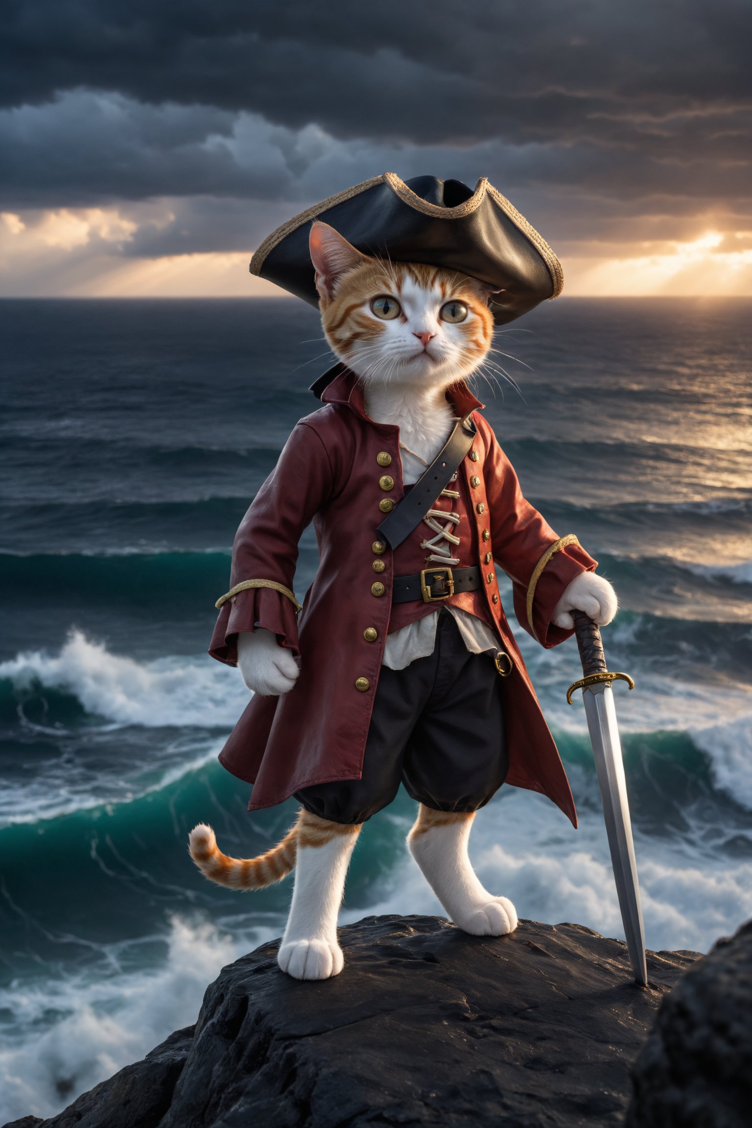 a cute cat pirate one piece outfit wearing a straw hat he is raising his saber and is standing on a cliff and is looking down on an stormy ocean a new dawn is rising on the horizon, high quality photography, 3 point lighting, flash with softbox, 4k, Canon EOS R3, hdr, smooth, sharp focus, high resolution, award winning photo