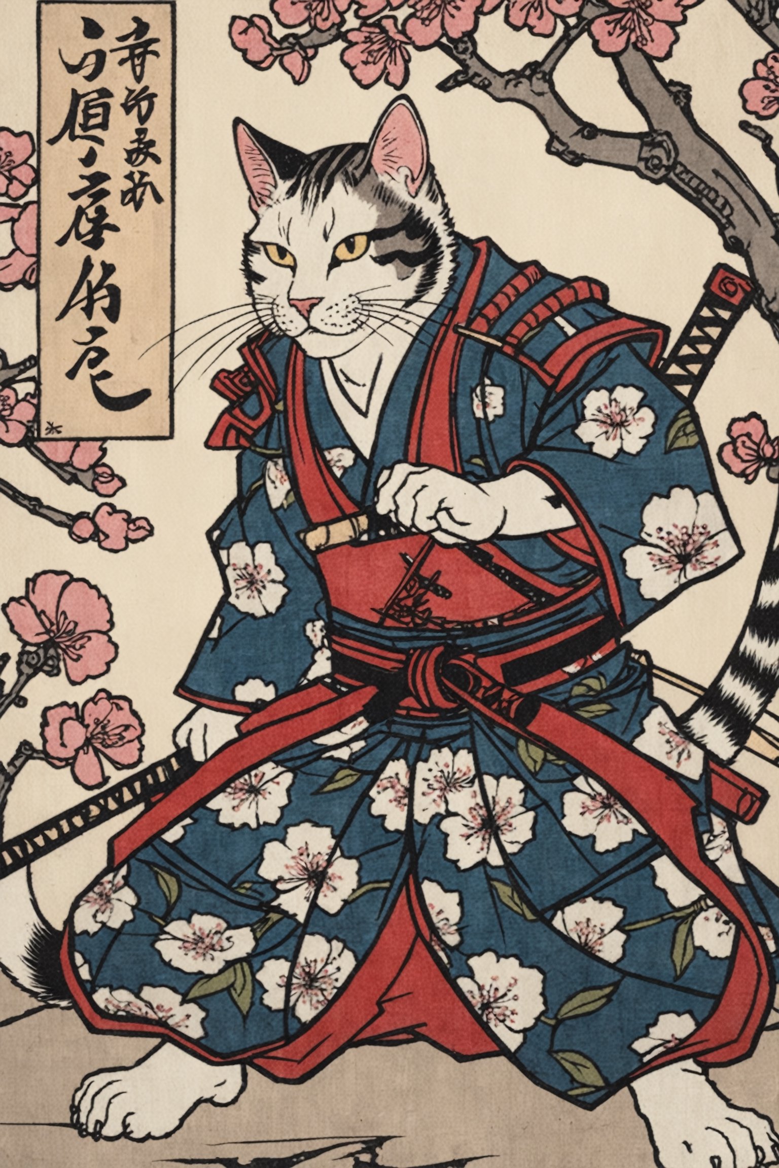 Detailed  closeup ukiyo-e artwork , of an cat samurai, Cherry Blossoms, epic pose ,Ukiyo-e,anthro