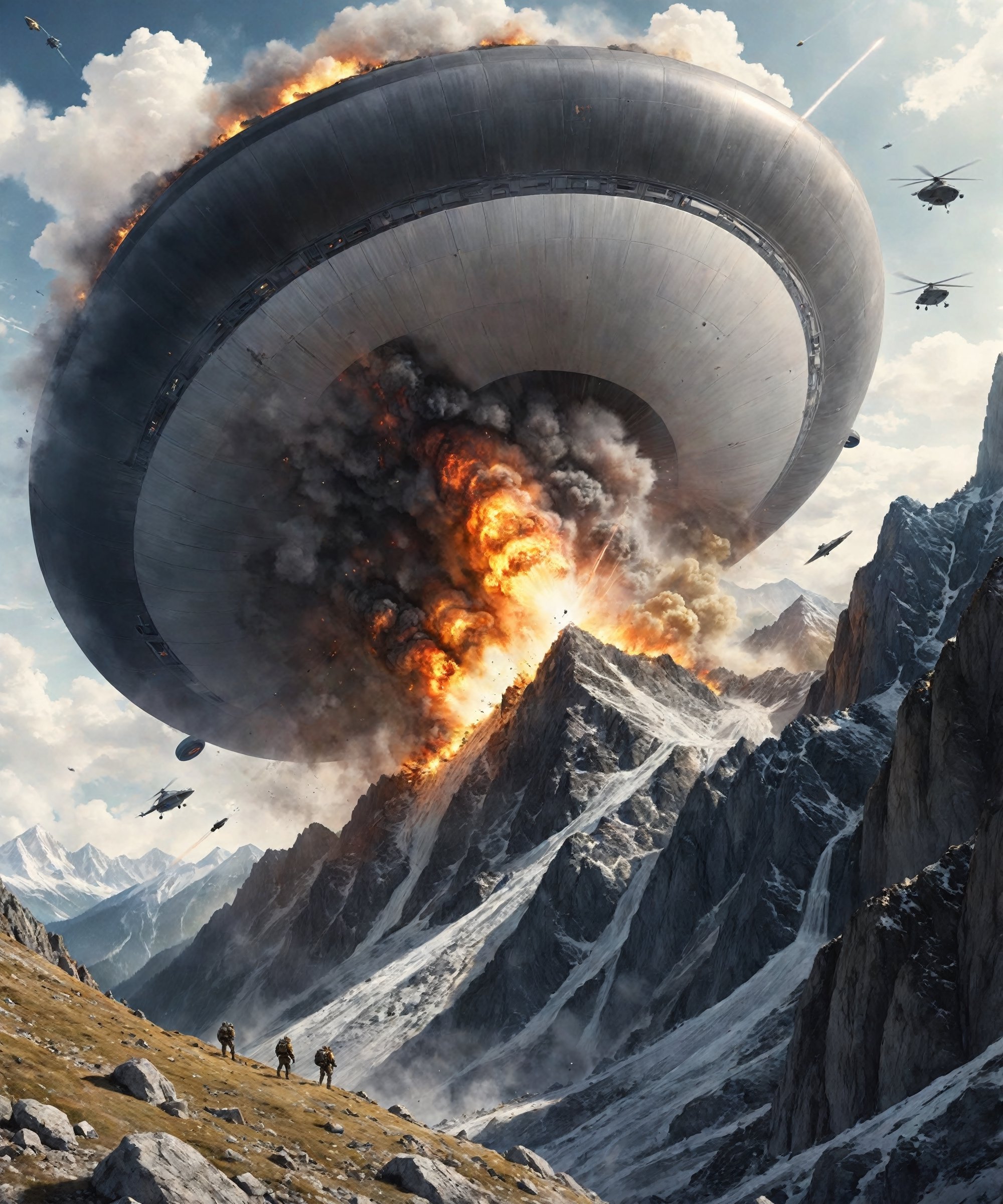 A complex action film,  a UFO crashes into a mountain,  is smashed diagonally into the mountainside by Freek22 on Tensor.Art