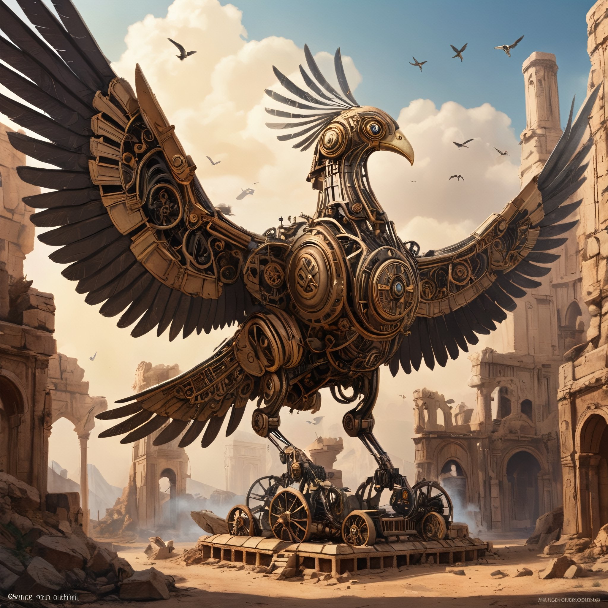 The image depicts a fantastical scene featuring a large mechanical bird with an appearance reminiscent of steampunk design, positioned in the midst of ancient ruins resembling a desert landscape. The mechanical creature is designed with intricate metalwork and boasts large, bird-like wings, as well as wheel appendages that give it the ability to move across the ground. Smoke is emanating from the top of the structure, suggesting that it is powered by some form of steam technology. There are towering structures and ruins in the background, enhancing the otherworldly feel of the environment depicted. The sky is clear with a few birds visible, further emphasizing the theme of flight