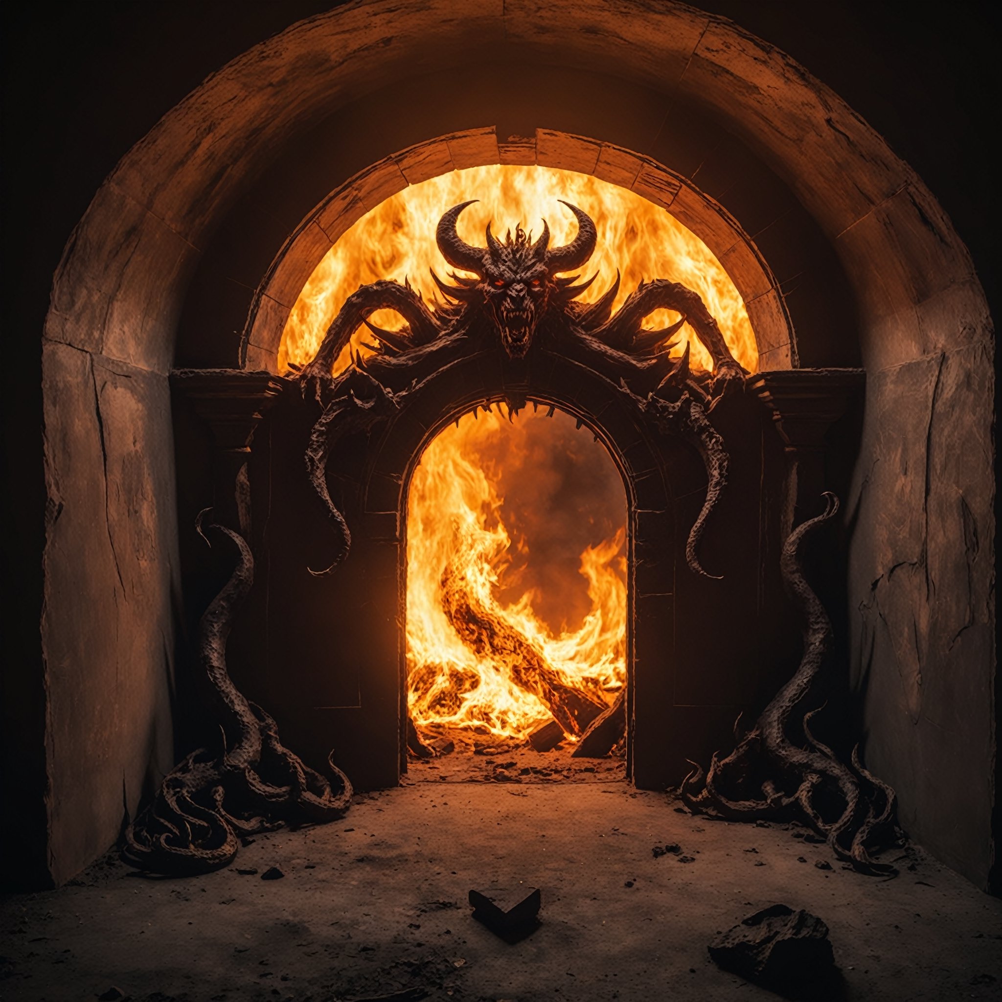 Detailed photo, to a portal to hell, demons, fire, natural light 