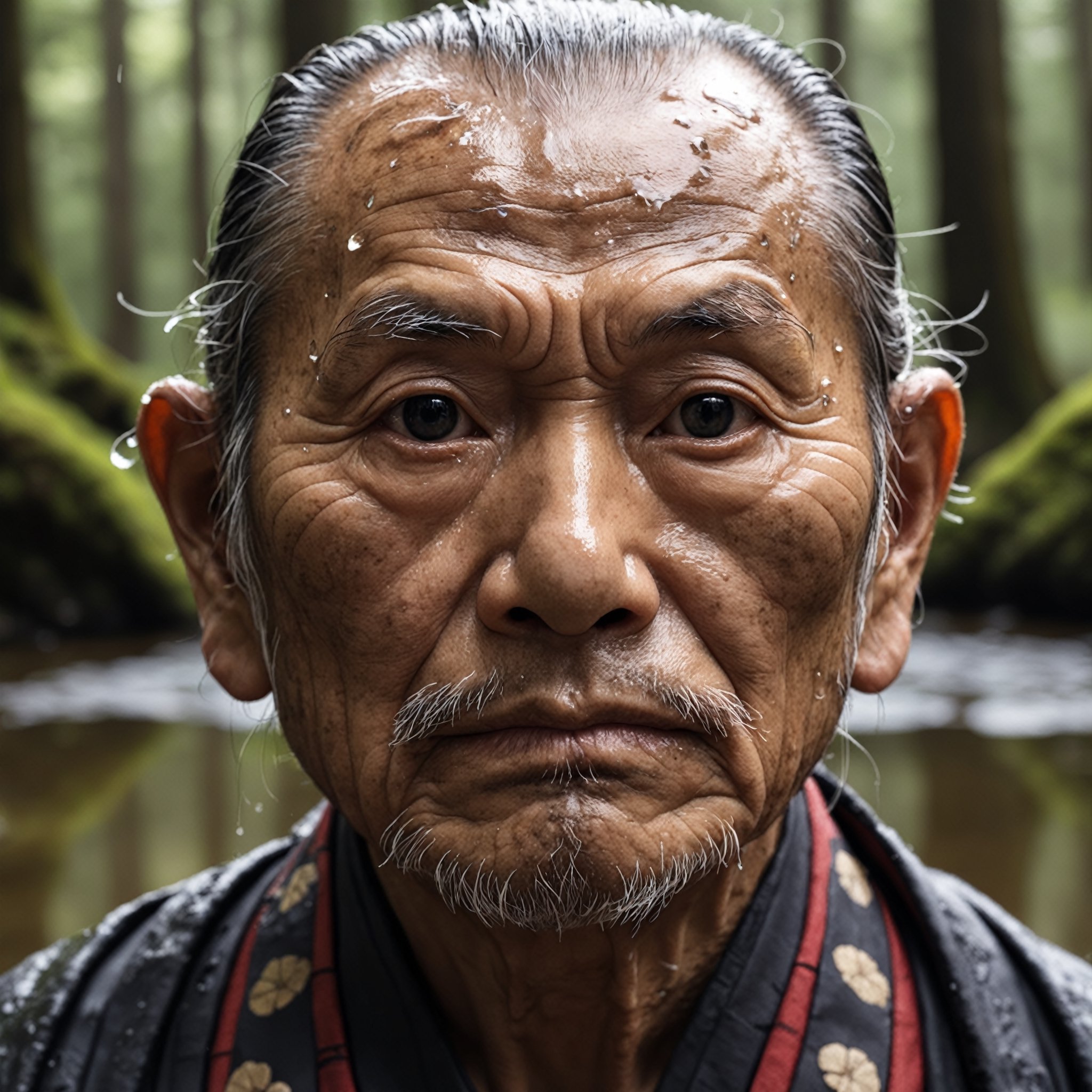 Closeup face photo of a old samurai man, reflecting puddles, forest background, natural light 