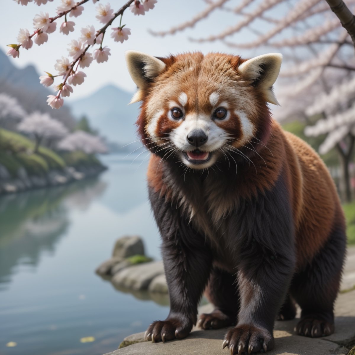 Beautiful closeup portrait of an red panda Edo Japan near a lake under cherry blossom tree by Freek22 on Tensor.Art
