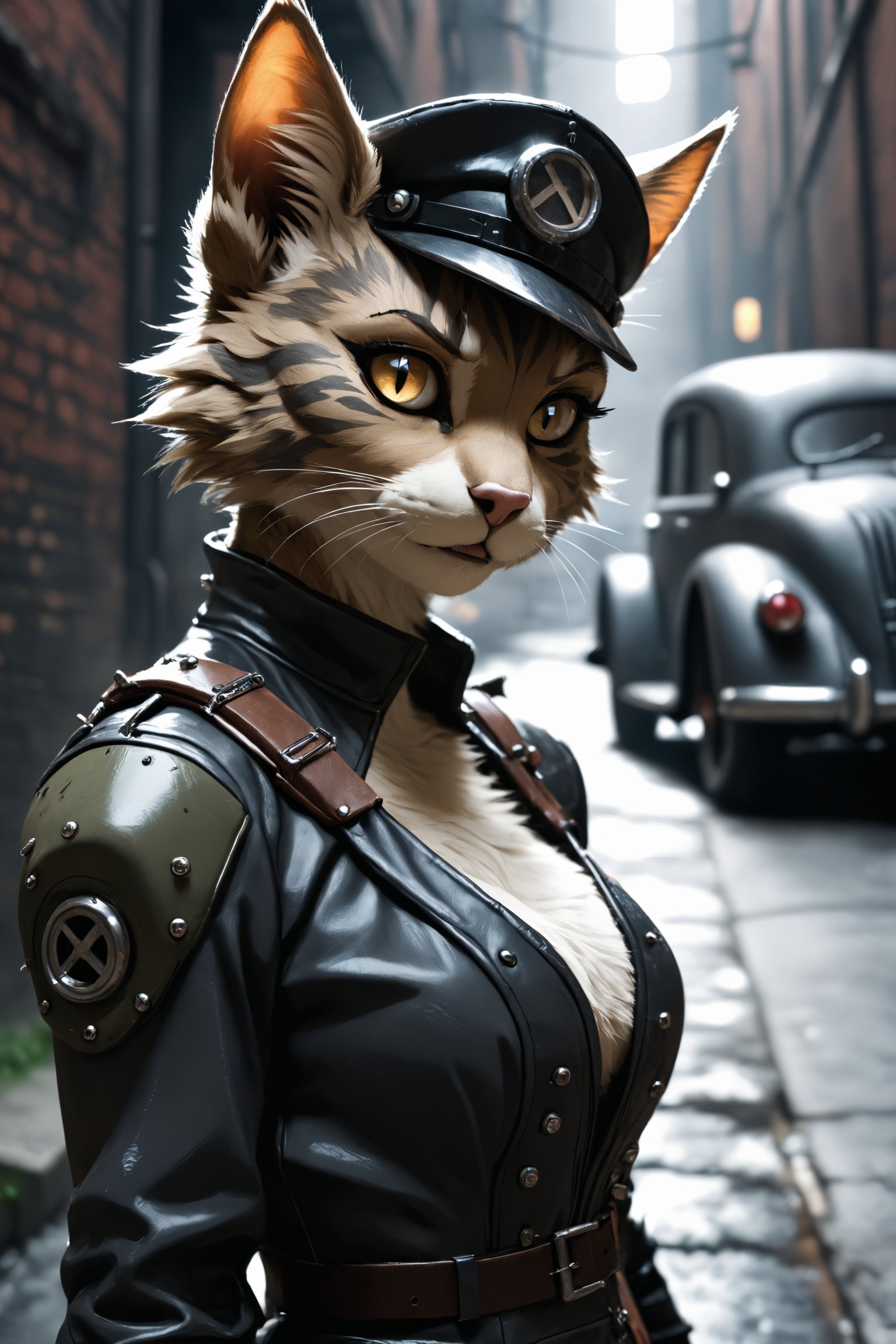 photo, closeup, anthro cat , dieselpunk outfit, dark alley , near a dieselpunk car, natural light