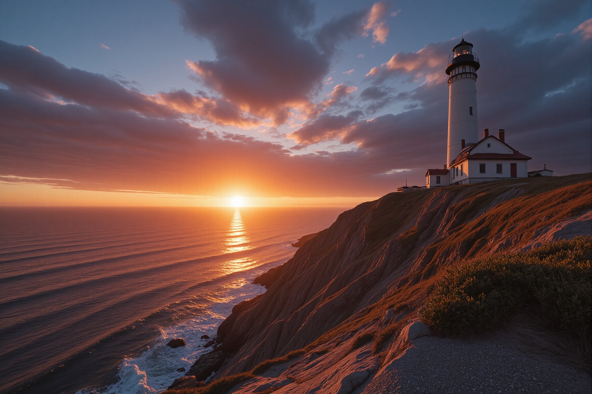 Epic photorealistic photo insane details, of an sunrise over a coast line, a lighthouse is in the picture 