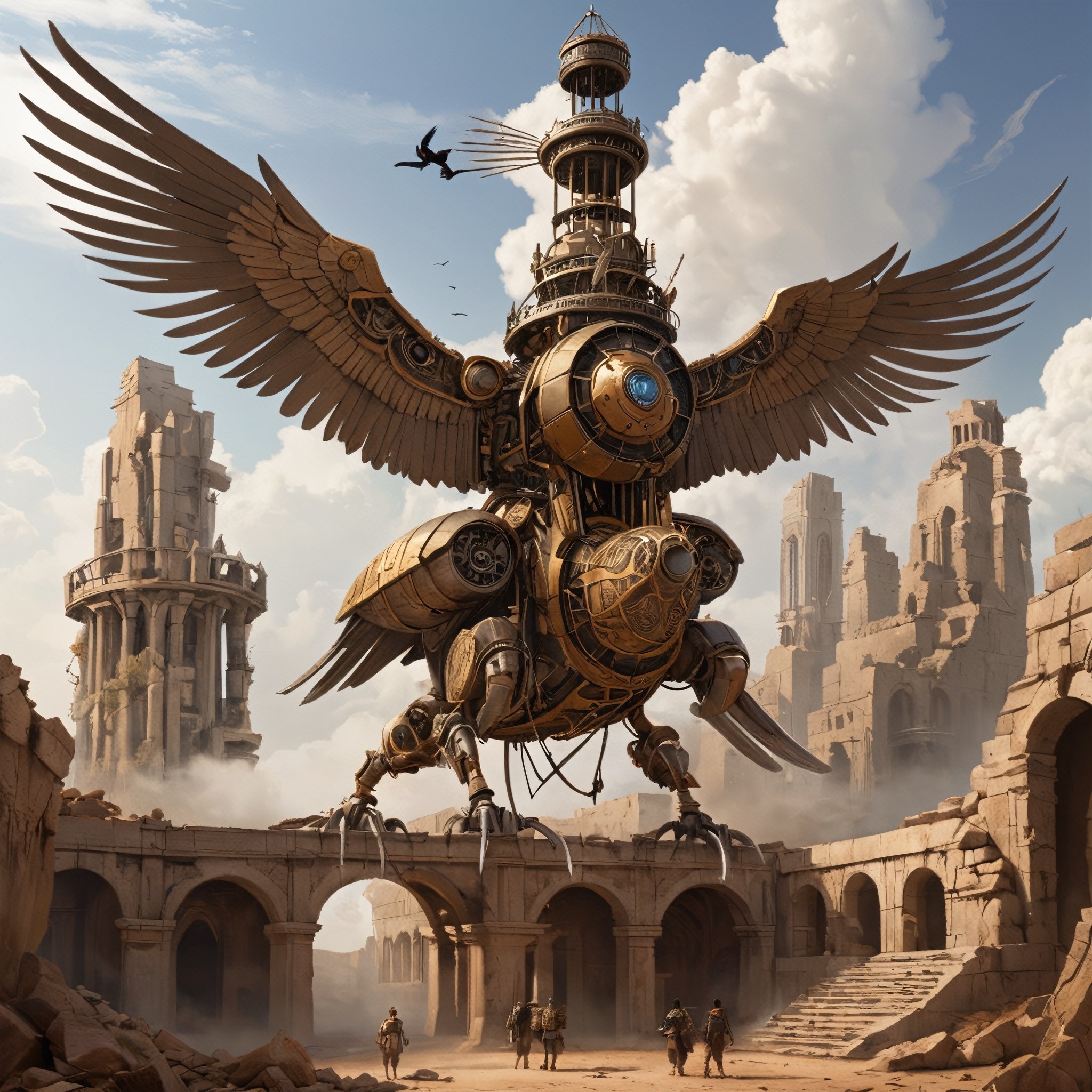 The image depicts a fantastical scene featuring a large mechanical bird with an appearance reminiscent of steampunk design, positioned in the midst of ancient ruins resembling a desert landscape. The mechanical creature is designed with intricate metalwork and boasts large, bird-like wings, as well as wheel appendages that give it the ability to move across the ground. Smoke is emanating from the top of the structure, suggesting that it is powered by some form of steam technology. There are towering structures and ruins in the background, enhancing the otherworldly feel of the environment depicted. The sky is clear with a few birds visible, further emphasizing the theme of flight