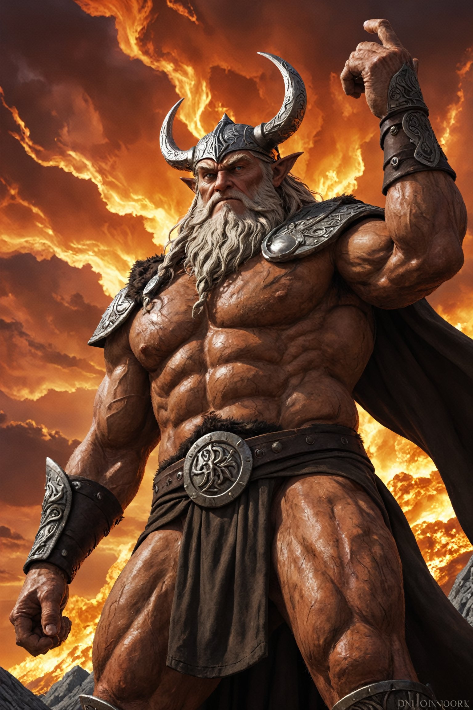 closeup photo, odin on ragnarök , standing breve in epic pose, burning sky above him, epic light