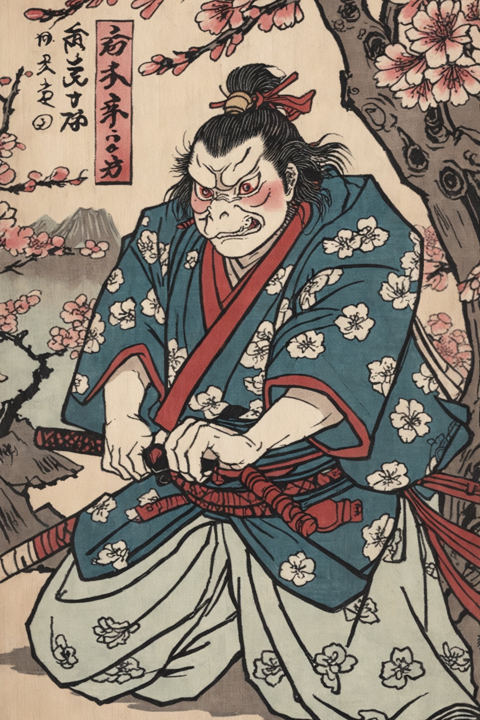 Detailed closeup ukiyo-e artwork ,  of an Kappa yokai samurai,  Cherry Blossoms by Freek22 on Tensor.Art