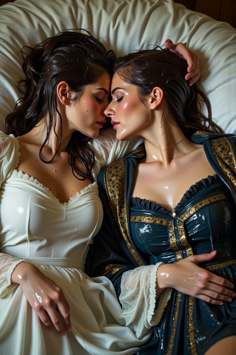 (wet clothes, wet hair, wet, wet face, wet skin, two girls kissing, shawl , wet veil, A cinematic photo of a soaking wet women princess in wet  Victorian-stylebred white  bridal ballgown attires and elegantly draped in wet black blue shawls with golden motif design, lying on another princess wet while they are sleeping together on a wet bed. Both of them are queens. They are making out and kissing. covered by a wet blanket. The dresses and shawls are wet and clinging to their bodies. Their dresses covered in transparens slimes. Their hair are completely wet and cling to their head and face. They wear a wet slimy shawl. slimy clothes, slimy hairs..: 1.4 ),(60s film , , soakingwetclothes, wet clothes, wet hair,photorealistic,georgian gown,18thcentury,Georgian gown,Pakistani dress,victorian dress,Fetishwet,Wet,covered in oil,covered in mud,wam,pouring oil,wetlook,pouring oil,Wetfetish