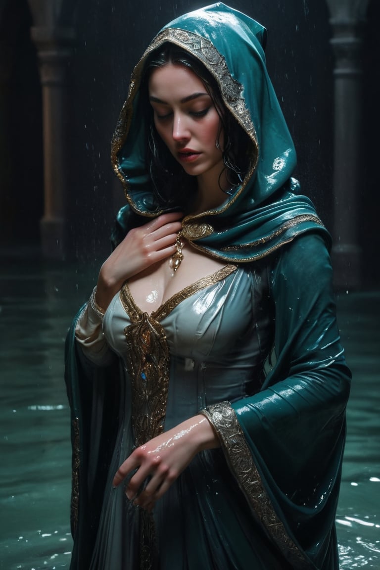 3D artwork, upper body shot represesenting a female young caracter. High elven hat shaped as a white seashell, mantle, shining silver jewels. (Majestic pose:1.4), (hieratic expression:1.6), emerging from the darkness in the style of Rembrandt. The caracter wears a white and (teal:0.8) large luxury dress. The character is illuminated from the side by a dark golden light. Marine vibes. Vibrant colors. The background is a black gothic cathedral interior dimly lit by moonlight. UHD, high resolution, 8k, (wet clothes, wet hair, wet, wet face, wet skin, 1girl, making out, in water, draped in shawl : 1.2),soakingwetclothes