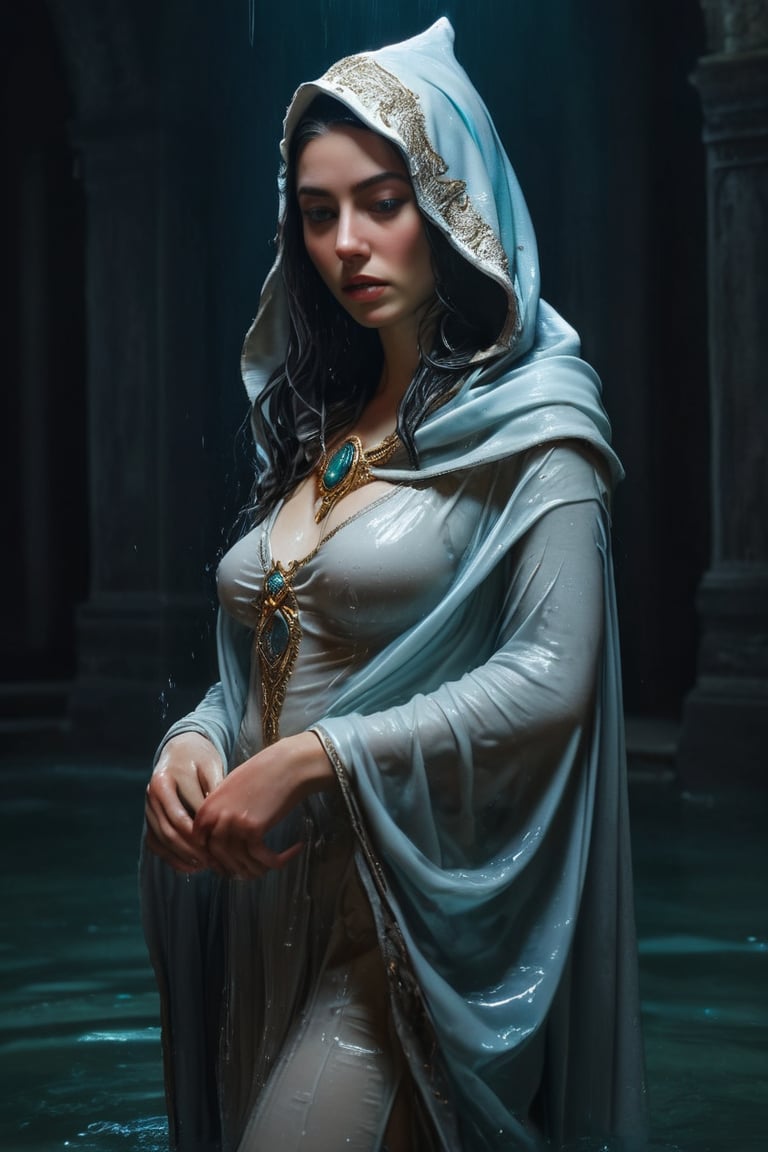 3D artwork, upper body shot represesenting a female young caracter. High elven hat shaped as a white seashell, mantle, shining silver jewels. (Majestic pose:1.4), (hieratic expression:1.6), emerging from the darkness in the style of Rembrandt. The caracter wears a white and (teal:0.8) large luxury dress. The character is illuminated from the side by a dark golden light. Marine vibes. Vibrant colors. The background is a black gothic cathedral interior dimly lit by moonlight. UHD, high resolution, 8k, (wet clothes, wet hair, wet, wet face, wet skin, 1girl, making out, in water, draped in shawl : 1.2),soakingwetclothes