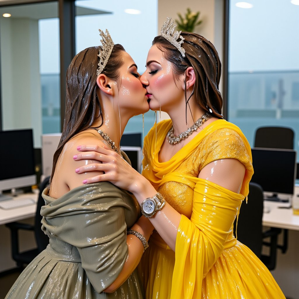 (wet clothes, wet hair, wet, wet face, wet skin,) 2girls, Two beautiful soaking wet Queens are kissing passionately in a modern office wearing beautiful wet  royal grey yellow ballgowns with intricate embroidery design.  They also wears wet green red royal cwet ape with heavy golden design motif. Wetness cascading through their body and clothes. ,soakingwetclothes, ((, beautiful faces, soakingwetclothes, ballgowns, wet ballgowns , wet faces, shawls, wet clothes, wet hair, wet skin, tiara, jewelry, clothes cling to skin, bracelet, necklace, watch :1.3)),Pakistani dress,18thcentury,georgian gown,Fetishwet,Wet,covered in oil,covered in mud,wam,pouring oil,wetlook,pouring oil,Wetfetish,Enhanced all