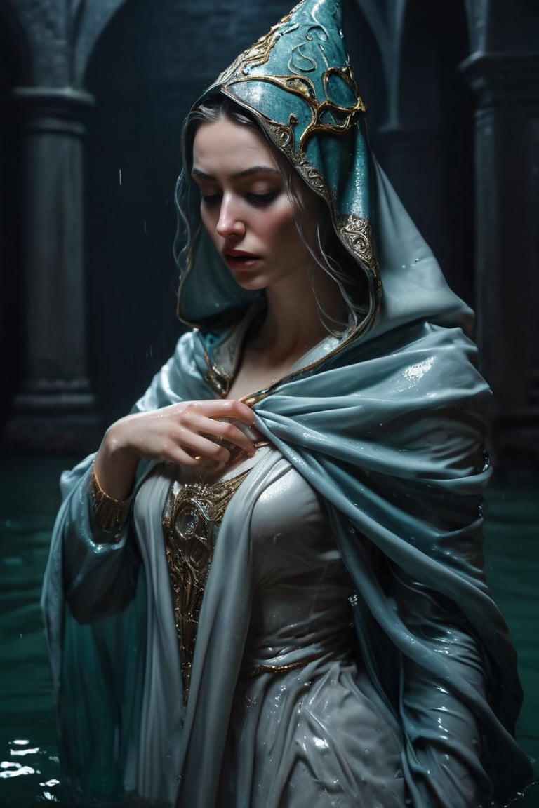 3D artwork, upper body shot represesenting a female young caracter. High elven hat shaped as a white seashell, mantle, shining silver jewels. (Majestic pose:1.4), (hieratic expression:1.6), emerging from the darkness in the style of Rembrandt. The caracter wears a white and (teal:0.8) large luxury dress. The character is illuminated from the side by a dark golden light. Marine vibes. Vibrant colors. The background is a black gothic cathedral interior dimly lit by moonlight. UHD, high resolution, 8k, (wet clothes, wet hair, wet, wet face, wet skin, 1girl, making out, in water, draped in shawl : 1.2),soakingwetclothes