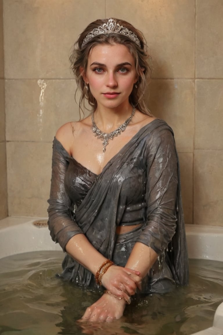 An exquisite masterpiece by Greg Rutkowski: a stunning wet anime female donning a medieval noble smile standing amidst an opulent bathroom setting. Soft, wet hair cascades down her wet porcelain skin as she gazes up at the camera, wet shawl wrapped elegantly around her shoulders. White tiles glisten beneath her, reflecting the subtle play of watercolor hues on her wet Victorian ballgown-clad form. Intricate details abound: delicate jewelry sparkles against her soaking-wet skin, while a tiara adorns her regal coiffure. The scene is bathed in warm, golden light, with the subject's face focused as she basks in the serenity of this majestic moment.,soakingwetclothes, ((heavy rain, beautiful faces, soakingwetclothes, saree, shawl,  wet clothes, wet hair, wet skin, tiara, jewelry, clothes cling to skin, bracelet, necklace, watch, submerged in tub:1.3)),Pakistani dress