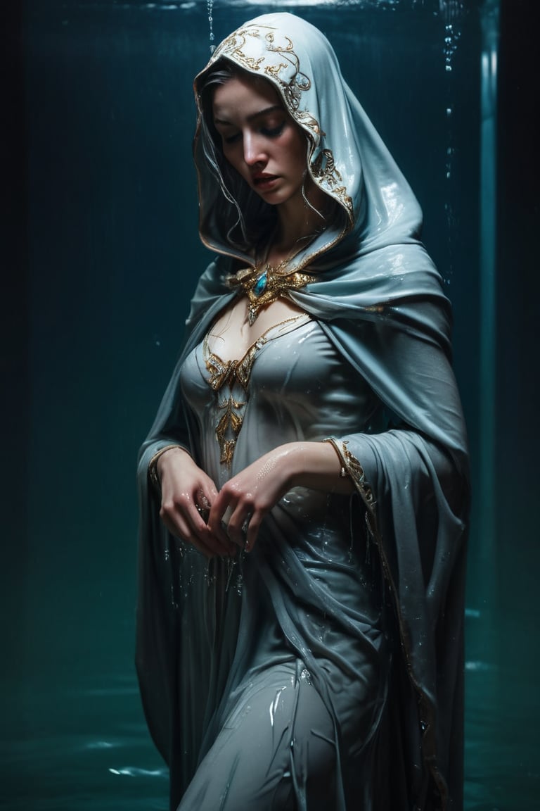 3D artwork, upper body shot represesenting a female young caracter. High elven hat shaped as a white seashell, mantle, shining silver jewels. (Majestic pose:1.4), (hieratic expression:1.6), emerging from the darkness in the style of Rembrandt. The caracter wears a white and (teal:0.8) large luxury dress. The character is illuminated from the side by a dark golden light. Marine vibes. Vibrant colors. The background is a black gothic cathedral interior dimly lit by moonlight. UHD, high resolution, 8k, (wet clothes, wet hair, wet, wet face, wet skin, 1girl, making out, in water, draped in shawl : 1.2),soakingwetclothes