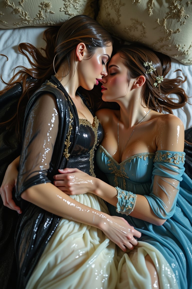 (wet clothes, wet hair, wet, wet face, wet skin, two girls kissing, shawl , wet veil, A cinematic photo of a wet women princess in wet  Victorian-stylebred white  bridal ballgown attires and elegantly draped in black blue shawls with golden motif design, lying on another princess wet while they are sleeping together on a wet bed. Both of them are queens. They are making out and kissing. covered by a wet blanket. The dresses and shawls are wet and clinging to their bodies. Their dresses covered in transparens slimes. They wear a wet slimy shawl. slimy clothes, slimy hairs..: 1.4 ),(60s film , , soakingwetclothes, wet clothes, wet hair,photorealistic,georgian gown,18thcentury,Georgian gown,Pakistani dress,victorian dress,Fetishwet,Wet,covered in oil,covered in mud,wam,pouring oil,wetlook,pouring oil,Wetfetish