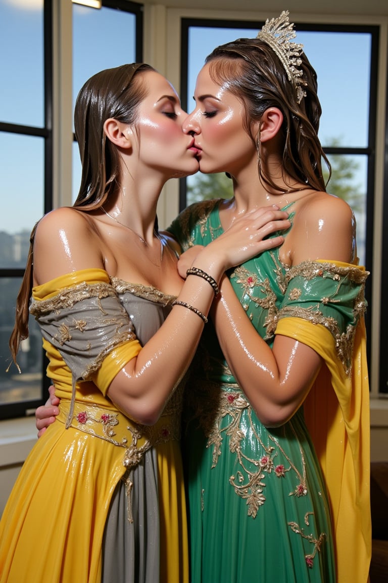 (wet clothes, wet hair, wet, wet face, wet skin,) 2girls, Two beautiful soaking wet Queens are kissing passionately in a modern office wearing beautiful wet  royal grey yellow ballgowns with intricate embroidery design.  They also wears wet green red royal cwet ape with heavy golden design motif. Wetness cascading through their body and clothes. ,soakingwetclothes, ((, beautiful faces, soakingwetclothes, ballgowns, wet ballgowns , wet faces, shawls, wet clothes, wet hair, wet skin, tiara, jewelry, clothes cling to skin, bracelet, necklace, watch :1.3)),Pakistani dress,18thcentury,georgian gown,Fetishwet,Wet,covered in oil,covered in mud,wam,pouring oil,wetlook,pouring oil,Wetfetish,Enhanced all