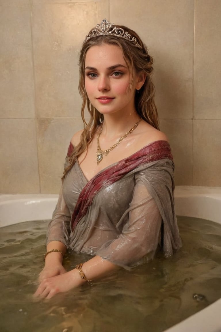 An exquisite masterpiece by Greg Rutkowski: a stunning wet anime female donning a medieval noble smile standing amidst an opulent bathroom setting. Soft, wet hair cascades down her wet porcelain skin as she gazes up at the camera, wet shawl wrapped elegantly around her shoulders. White tiles glisten beneath her, reflecting the subtle play of watercolor hues on her wet Victorian ballgown-clad form. Intricate details abound: delicate jewelry sparkles against her soaking-wet skin, while a tiara adorns her regal coiffure. The scene is bathed in warm, golden light, with the subject's face focused as she basks in the serenity of this majestic moment.,soakingwetclothes, ((heavy rain, beautiful faces, soakingwetclothes, saree, shawl,  wet clothes, wet hair, wet skin, tiara, jewelry, clothes cling to skin, bracelet, necklace, watch, submerged in tub:1.3))