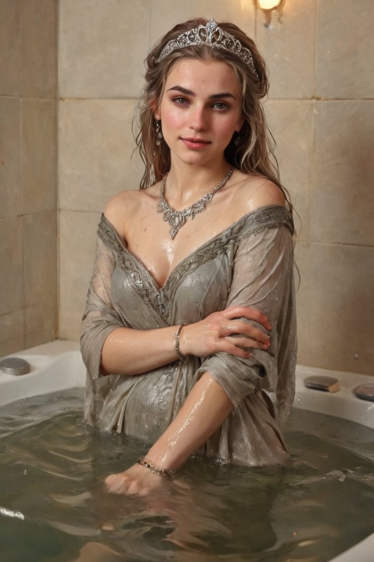 An exquisite masterpiece by Greg Rutkowski: a stunning wet anime female donning a medieval noble smile standing amidst an opulent bathroom setting. Soft, wet hair cascades down her wet porcelain skin as she gazes up at the camera, wet shawl wrapped elegantly around her shoulders. White tiles glisten beneath her, reflecting the subtle play of watercolor hues on her wet Victorian ballgown-clad form. Intricate details abound: delicate jewelry sparkles against her soaking-wet skin, while a tiara adorns her regal coiffure. The scene is bathed in warm, golden light, with the subject's face focused as she basks in the serenity of this majestic moment.,soakingwetclothes, ((heavy rain, beautiful faces, soakingwetclothes, saree, shawl,  wet clothes, wet hair, wet skin, tiara, jewelry, clothes cling to skin, bracelet, necklace, watch, submerged in tub:1.3)),Pakistani dress