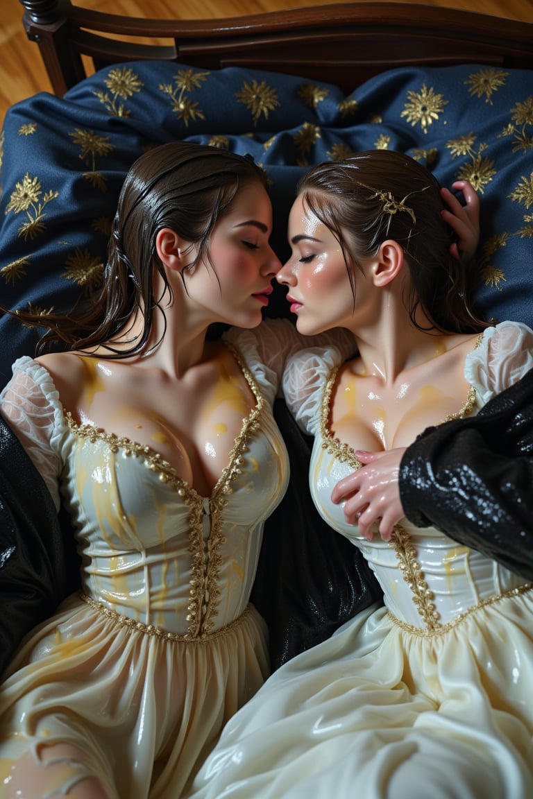 (wet clothes, wet hair, wet, wet face, wet skin, two girls kissing, shawl , wet veil, A cinematic photo of a wet women princess in wet  Victorian-stylebred white  bridal ballgown attires and elegantly draped in black blue shawls with golden motif design, lying on another princess wet while they are sleeping together on a wet bed. Both of them are queens. They are making out and kissing. covered by a wet blanket. The dresses and shawls are wet and clinging to their bodies. Their dresses covered in transparens slimes. They wear a wet slimy shawl. slimy clothes, slimy hairs..: 1.4 ),(60s film , , soakingwetclothes, wet clothes, wet hair,photorealistic,georgian gown,18thcentury,Georgian gown,Pakistani dress,victorian dress,Fetishwet,Wet,covered in oil,covered in mud,wam,pouring oil,wetlook,pouring oil,Wetfetish