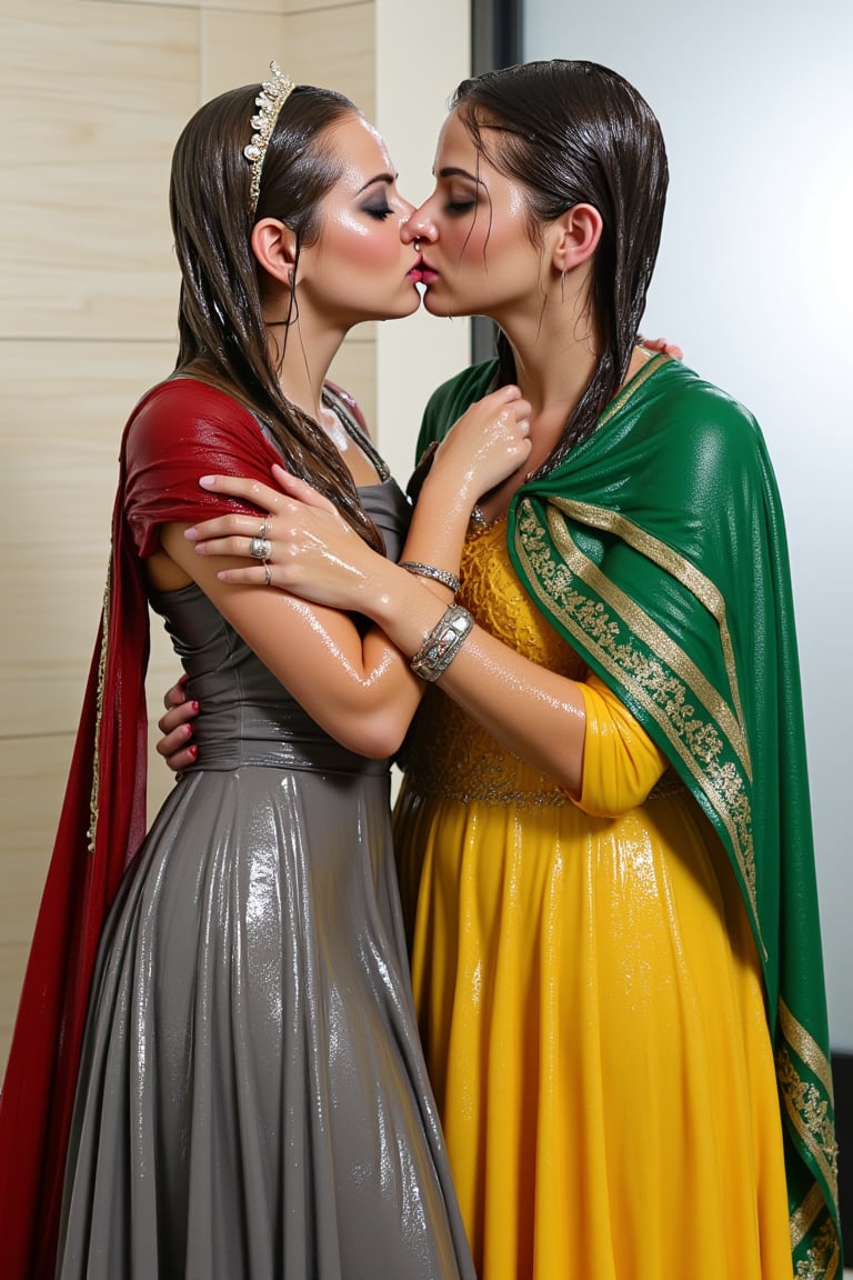 (wet clothes, wet hair, wet, wet face, wet skin,) 2girls, Two beautiful soaking wet Queens are kissing passionately in a modern office wearing beautiful wet  royal grey yellow ballgowns with intricate embroidery design.  They also wears wet green red royal cwet ape with heavy golden design motif. Wetness cascading through their body and clothes. ,soakingwetclothes, ((, beautiful faces, soakingwetclothes, ballgowns, wet ballgowns , wet faces, shawls, wet clothes, wet hair, wet skin, tiara, jewelry, clothes cling to skin, bracelet, necklace, watch :1.3)),Pakistani dress,18thcentury,georgian gown,Fetishwet,Wet,covered in oil,covered in mud,wam,pouring oil,wetlook,pouring oil,Wetfetish,Enhanced all