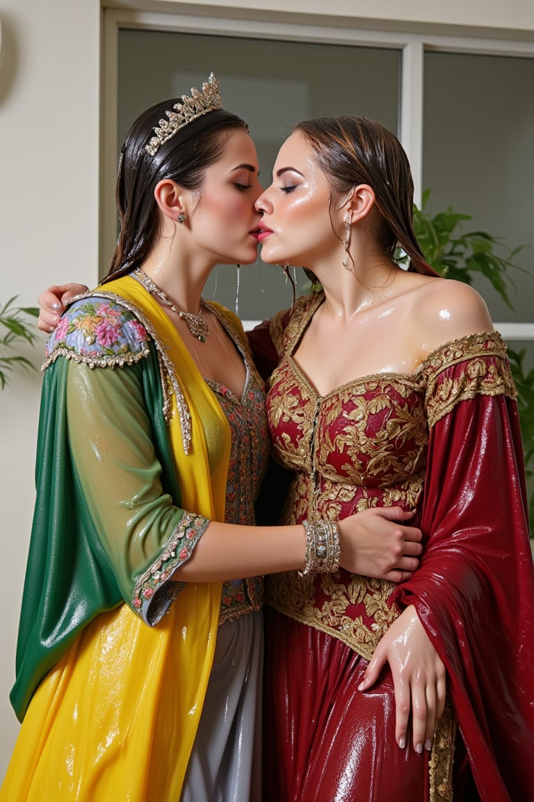 (wet clothes, wet hair, wet, wet face, wet skin,) 2girls, Two beautiful soaking wet Queens are kissing passionately in a modern office wearing beautiful wet  royal grey yellow ballgowns with intricate embroidery design.  They also wears wet green red royal cwet ape with heavy golden design motif. Wetness cascading through their body and clothes. ,soakingwetclothes, ((, beautiful faces, soakingwetclothes, ballgowns, wet ballgowns , wet faces, shawls, wet clothes, wet hair, wet skin, tiara, jewelry, clothes cling to skin, bracelet, necklace, watch :1.3)),Pakistani dress,18thcentury,georgian gown,Fetishwet,Wet,covered in oil,covered in mud,wam,pouring oil,wetlook,pouring oil,Wetfetish,Enhanced all