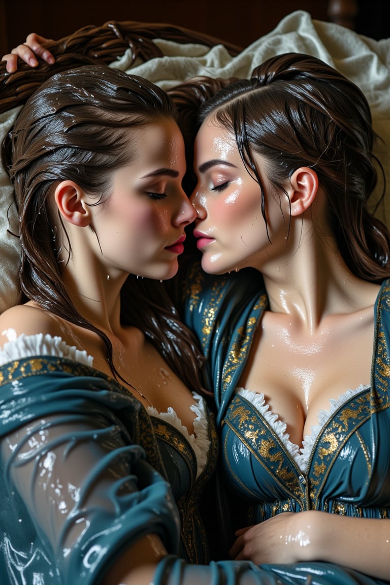 (wet clothes, wet hair, wet, wet face, wet skin, two girls kissing, shawl , wet veil, A cinematic photo of a soaking wet women princess in wet  Victorian-stylebred white  bridal ballgown attires and elegantly draped in wet black blue shawls with golden motif design, lying on another princess wet while they are sleeping together on a wet bed. Both of them are queens. They are making out and kissing. covered by a wet blanket. The dresses and shawls are wet and clinging to their bodies. Their dresses covered in transparens slimes. Their hair are completely wet and cling to their head and face. They wear a wet slimy shawl. slimy clothes, slimy hairs..: 1.4 ),(60s film , , soakingwetclothes, wet clothes, wet hair,photorealistic,georgian gown,18thcentury,Georgian gown,Pakistani dress,victorian dress,Fetishwet,Wet,covered in oil,covered in mud,wam,pouring oil,wetlook,pouring oil,Wetfetish,Enhanced all