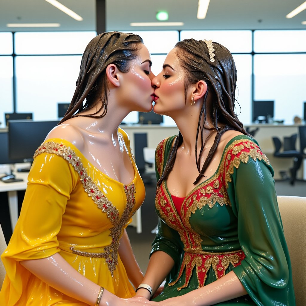 (wet clothes, wet hair, wet, wet face, wet skin,) 2girls, Two beautiful soaking wet Queens are kissing passionately in a modern office wearing beautiful wet  royal grey yellow ballgowns with intricate embroidery design.  They also wears wet green red royal cwet ape with heavy golden design motif. Wetness cascading through their body and clothes. ,soakingwetclothes, ((, beautiful faces, soakingwetclothes, ballgowns, wet ballgowns , wet faces, shawls, wet clothes, wet hair, wet skin, tiara, jewelry, clothes cling to skin, bracelet, necklace, watch :1.3)),Pakistani dress,18thcentury,georgian gown,Fetishwet,Wet,covered in oil,covered in mud,wam,pouring oil,wetlook,pouring oil,Wetfetish,Enhanced all