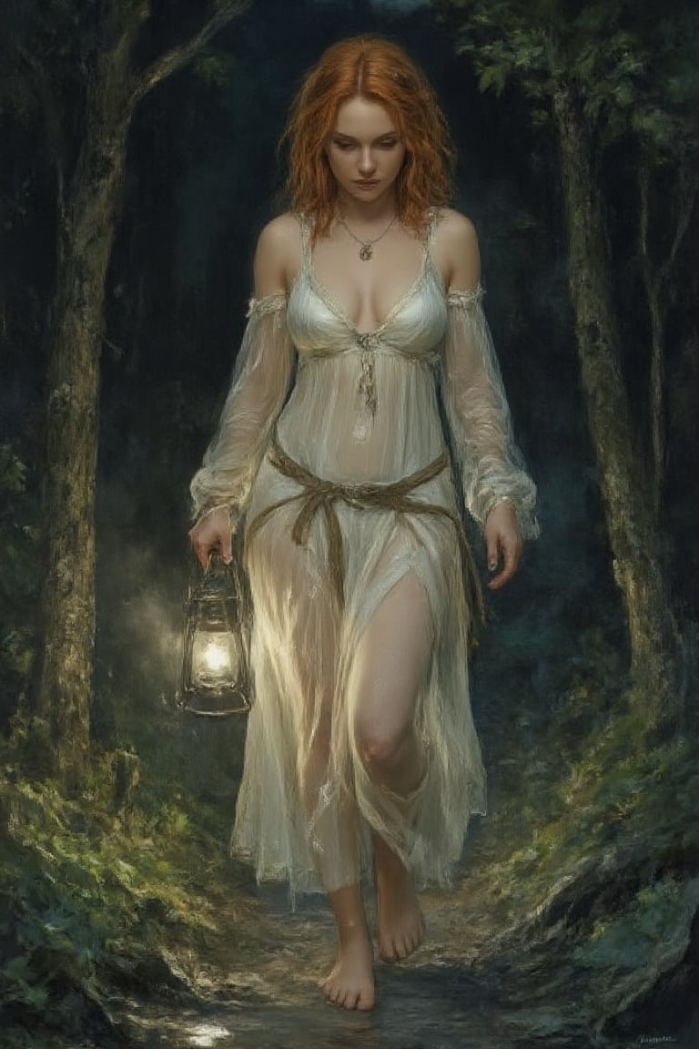 A detailed masterpiece illustration by Luis Royo and Milo Manara,
Short gabbiecar with ginger hair is walking through the forest  at night,  dim lantern in her hand,
medieval fantasy, white gauzy transparent nightie,
Outside, woods, steam, narrow pathway, night, dark, pond,