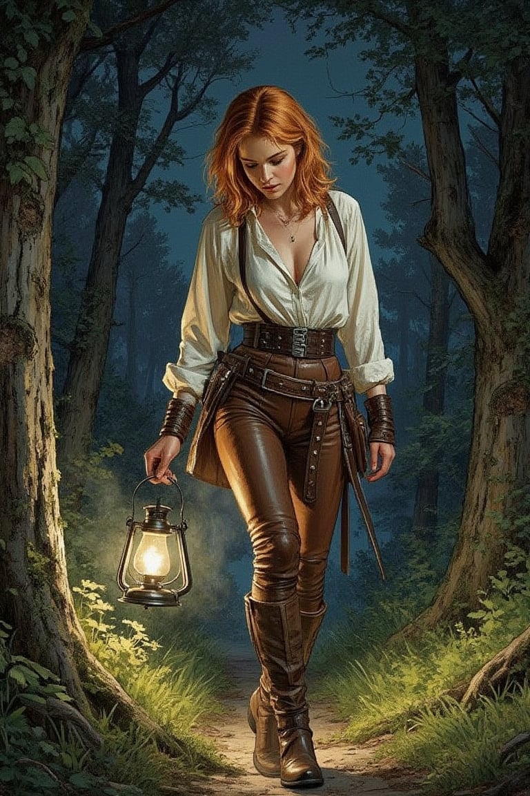 A detailed masterpiece illustration by Luis Royo and Milo Manara,
Short gabbiecar with ginger hair is walking through woodland at night holding a dim lantern,
medieval fantasy, white medieval blouse, brown tight leather trousers, shealthed dagger strapped to belt,
Outside, woods, steam, narrow pathway, night, dark,