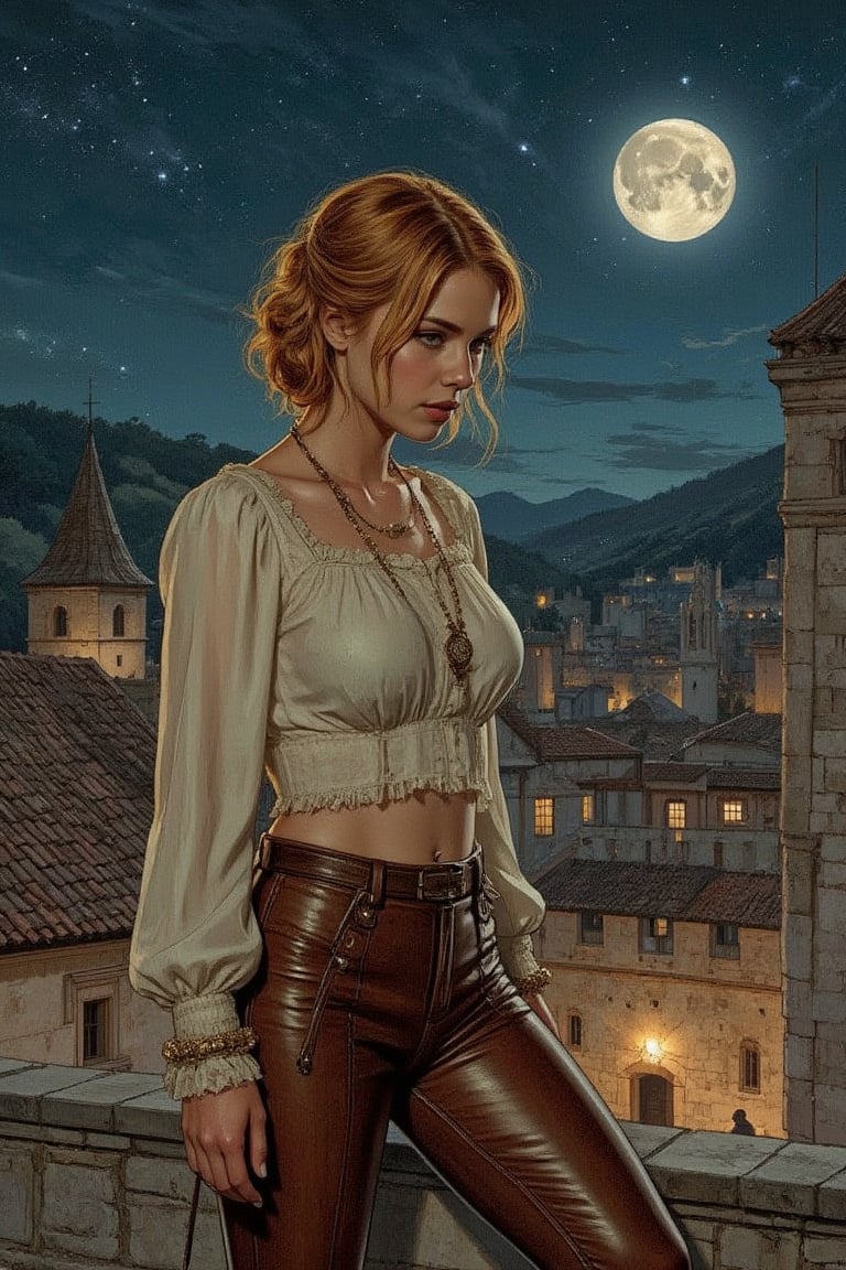 A detailed masterpiece illustration by Luis Royo and Milo Manara, side view,
Short gabbiecar with upper back ginger hair walking on the rooftop in an old medieval city at night,
medieval fantasy, white medieval blouse and tight brown leather trousers,
Outside,  night, dark, medieval city, hills, city walls,