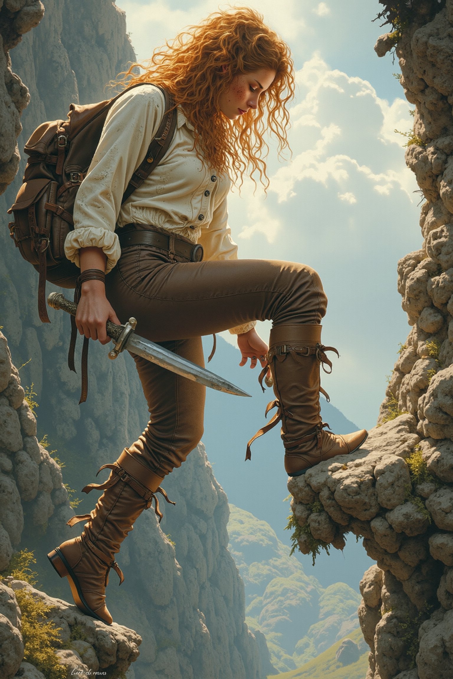 Luis Royo and Milo Manara detailed illustration, side view of a gorgeous short voluptuous ginger woman jumping over the hole in a crumbling sinister bridge in the mountains, detailed background, dark fantasy, masterpiece, realistic, freckled, torn and dirty clothing, (White medieval buttoned up blouse, medieval brown tight worn leather trousers, medieval light leather mid calf fitted boots), leather adventuring backpack, wielding a simple short dagger, sunrays, dust, 